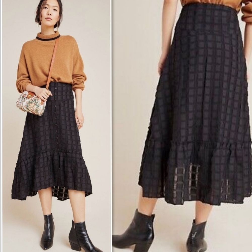 Maeve Merida Flounce Embroidered Hi-Low Ruffle Hem Skirt